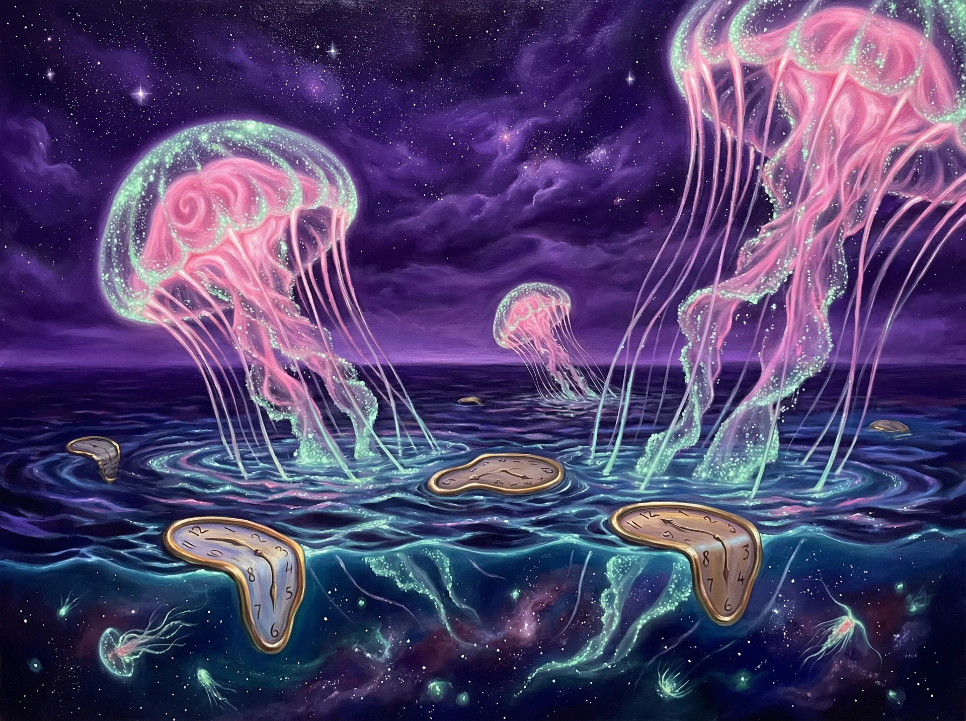 超现实梦境画作 - 深海水母与融化时钟，关联 哈希分分彩 幸运号码