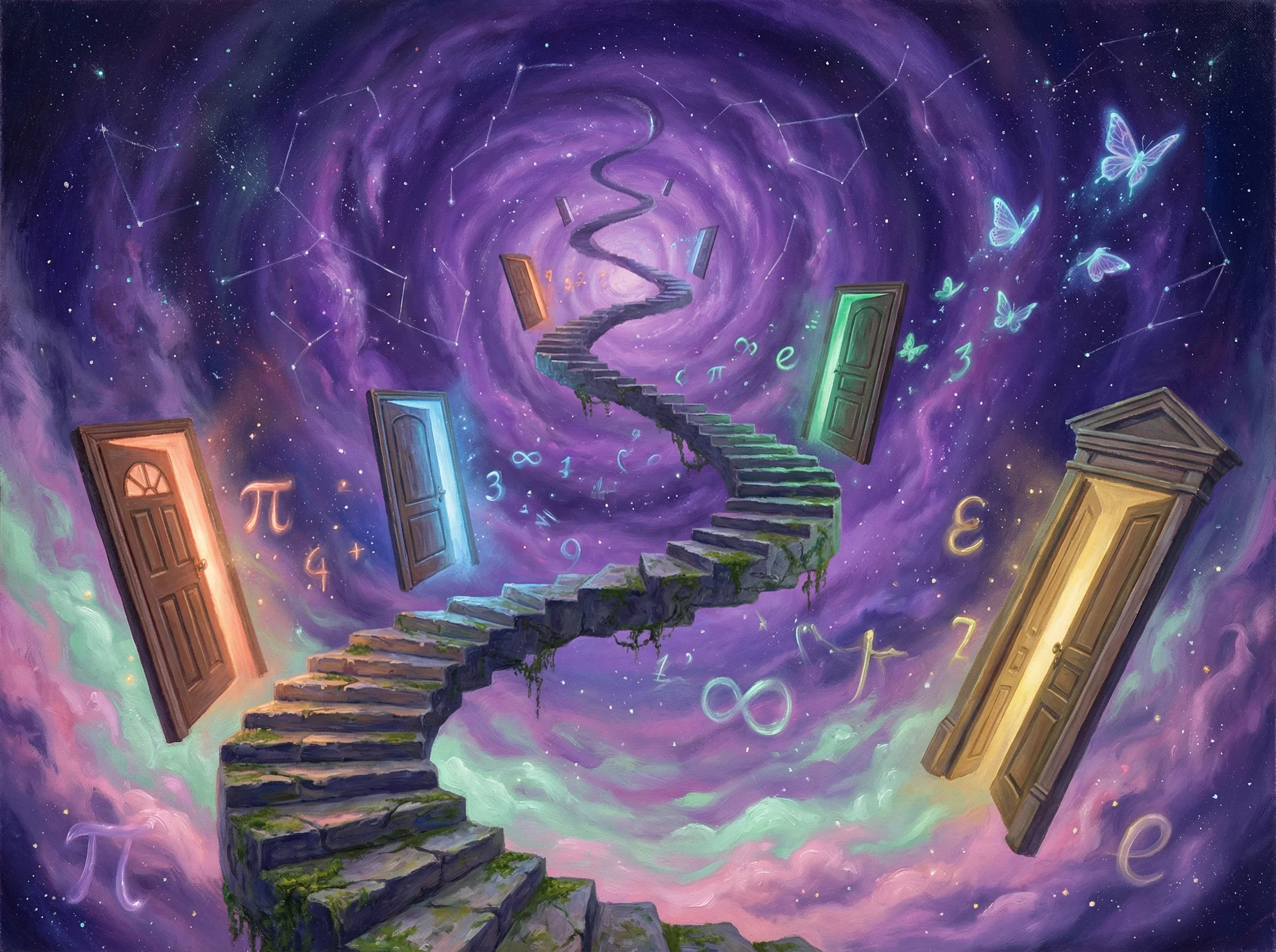 超现实梦境画作 - 无限阶梯与浮动之门，关联 哈希分分彩 幸运号码