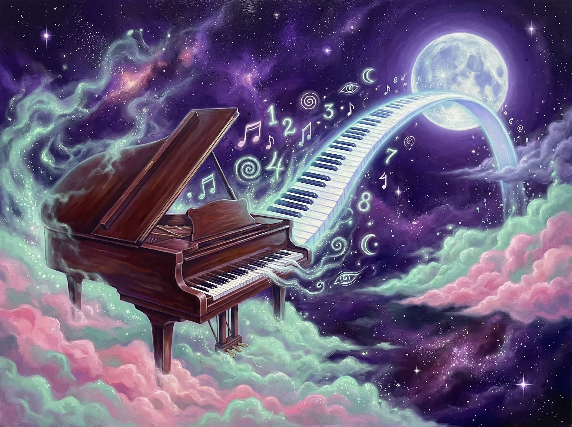 超现实梦境画作 - 宇宙钢琴与月光之桥，关联 哈希分分彩 幸运号码